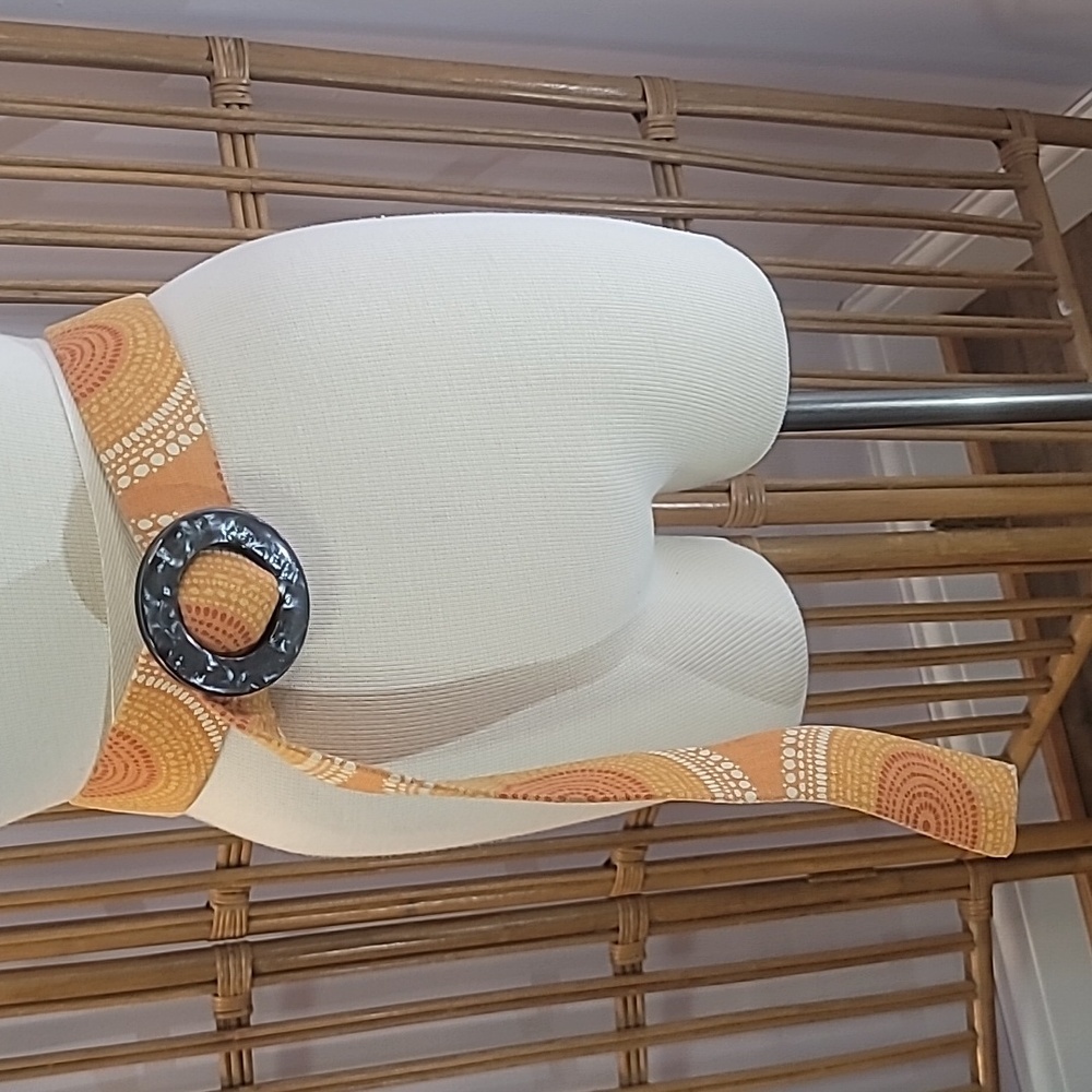 Vintage 70's belt orange geometric pattern cloth belt gray opalescent buckle